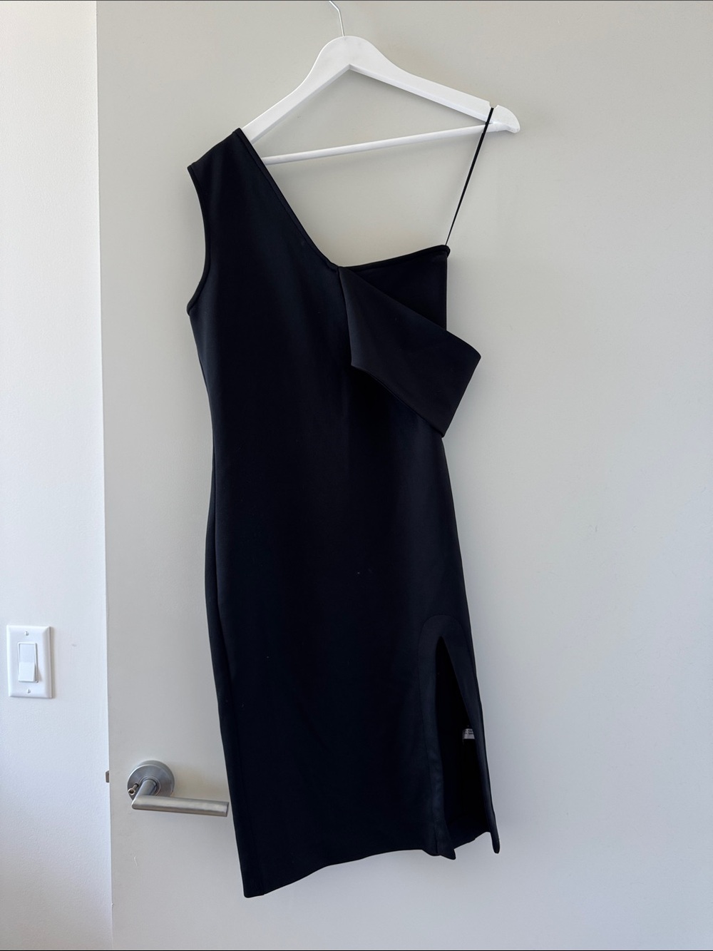Maurie + Eve Black One-Shoulder Midi Dress with Side Slit